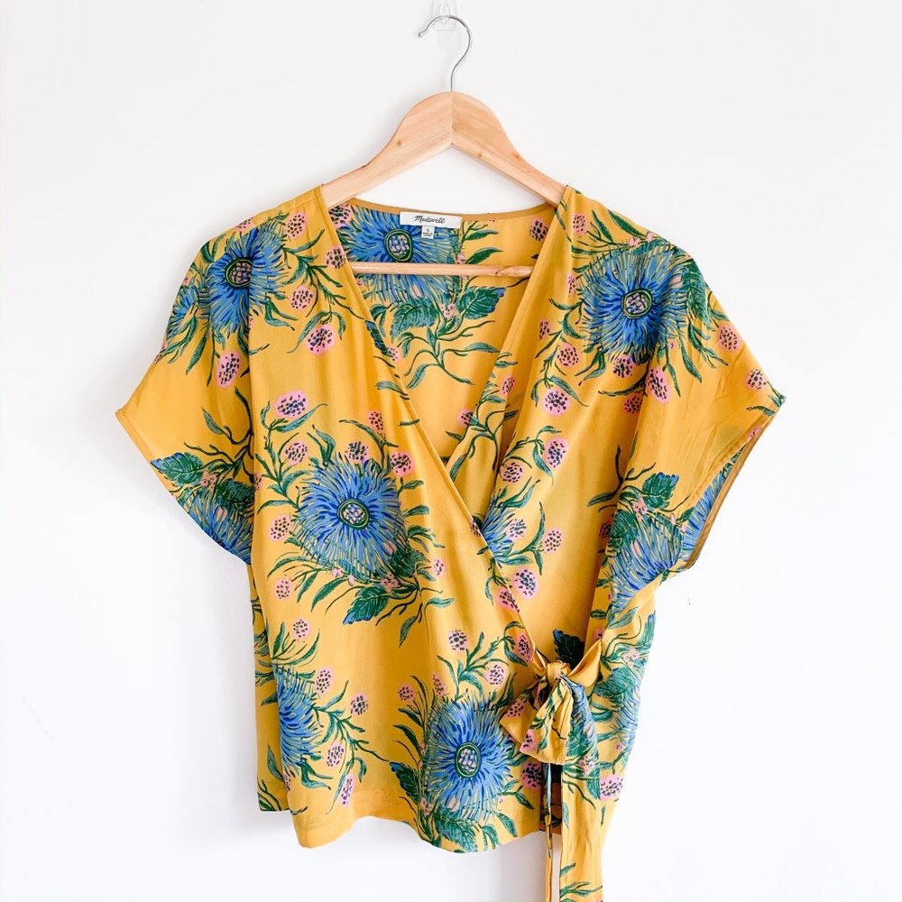 Madewell Yellow Silk Floral Wrap Top Blouse